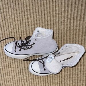 Converse All Star Light Gray High-Tops with White Soles and Shearling lining.